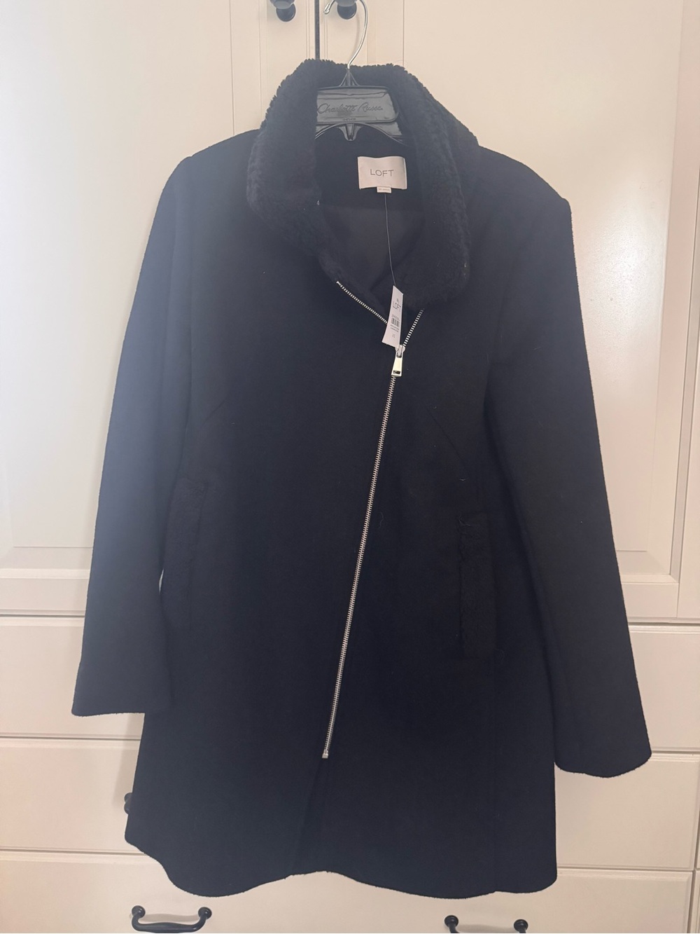 LOFT Black Wool-Blend Trench with Faux-Fur Collar